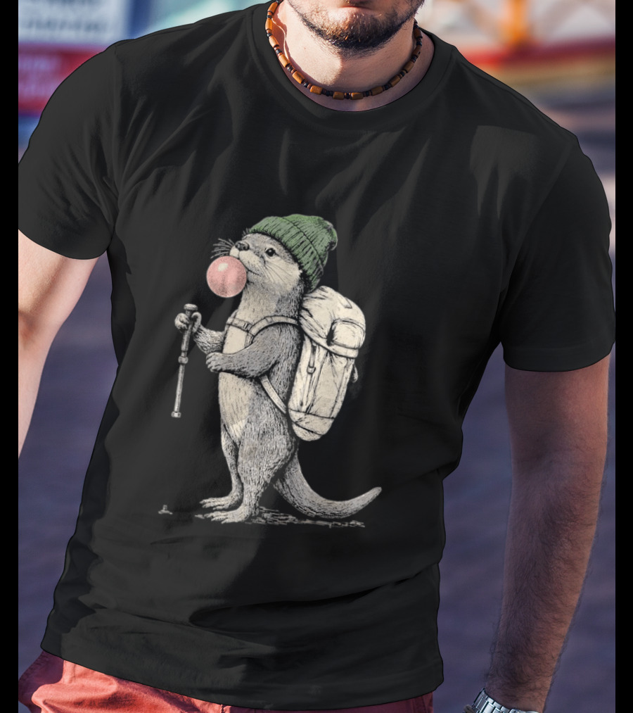 Hiking Otter Backpack Adventure With Bubble Gum T-Shirt