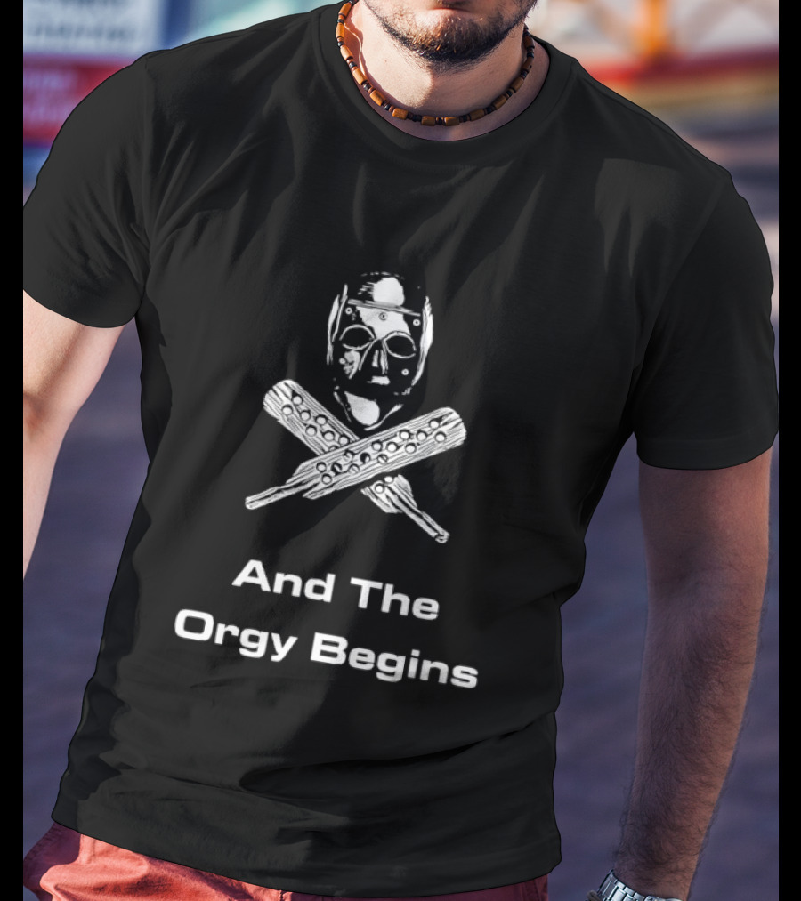 And The Orgy Begins Horror Cult Classic Hockey Mask Crossed Bats T-Shirt