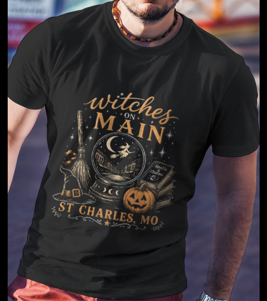 Witches On Main St Charles MO Halloween Broomstick Crystal Ball Pumpkin T-Shirt
