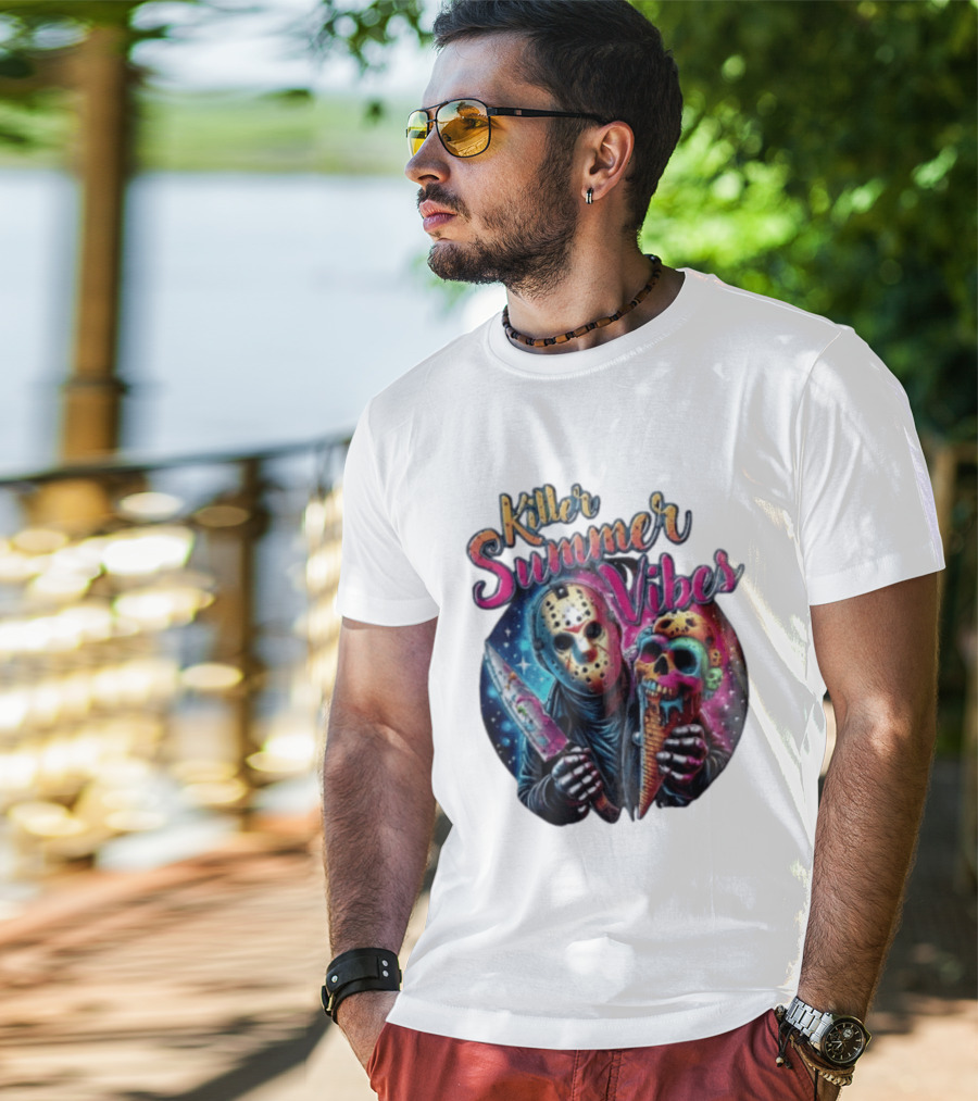 Killer Summer Vibes Hockey Mask Slasher Knife Skull Ice Cream Cone Cosmic T-Shirt