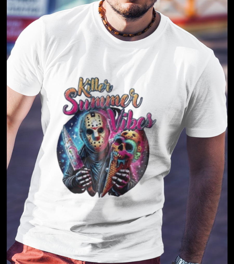 Killer Summer Vibes Hockey Mask Slasher Knife Skull Ice Cream Cone Cosmic T-Shirt