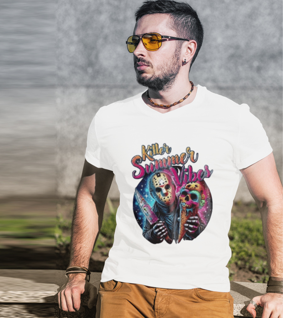 Killer Summer Vibes Hockey Mask Slasher Knife Skull Ice Cream Cone Cosmic T-Shirt
