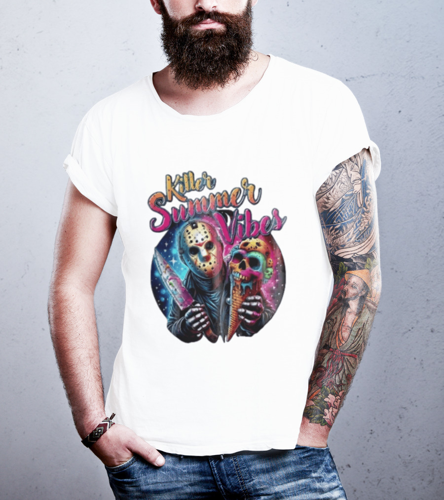 Killer Summer Vibes Hockey Mask Slasher Knife Skull Ice Cream Cone Cosmic T-Shirt