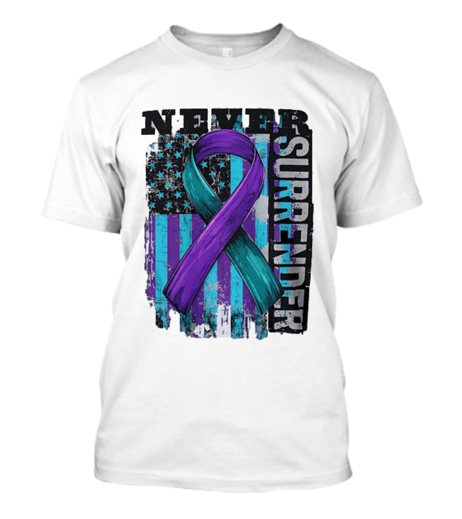 Never Surrender Teal And Purple Awareness Ribbon Distressed Flag T-Shirt