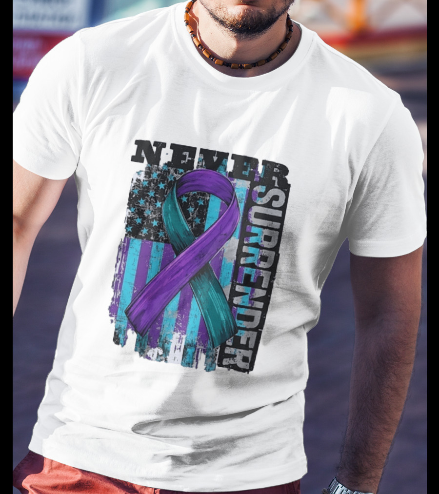 Never Surrender Teal And Purple Awareness Ribbon Distressed Flag T-Shirt