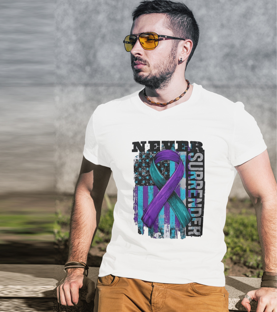 Never Surrender Teal And Purple Awareness Ribbon Distressed Flag T-Shirt
