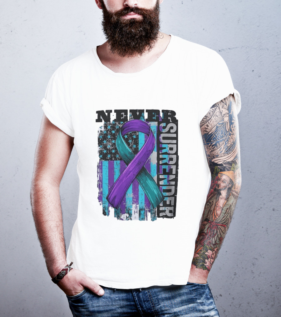 Never Surrender Teal And Purple Awareness Ribbon Distressed Flag T-Shirt
