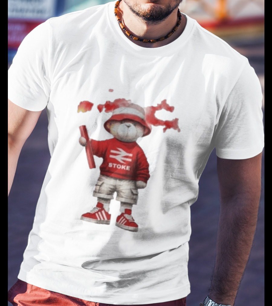Stoke Awaydays Bear With Flare Football Casuals Railway Logo Bucket Hat Red Sneakers T-Shirt