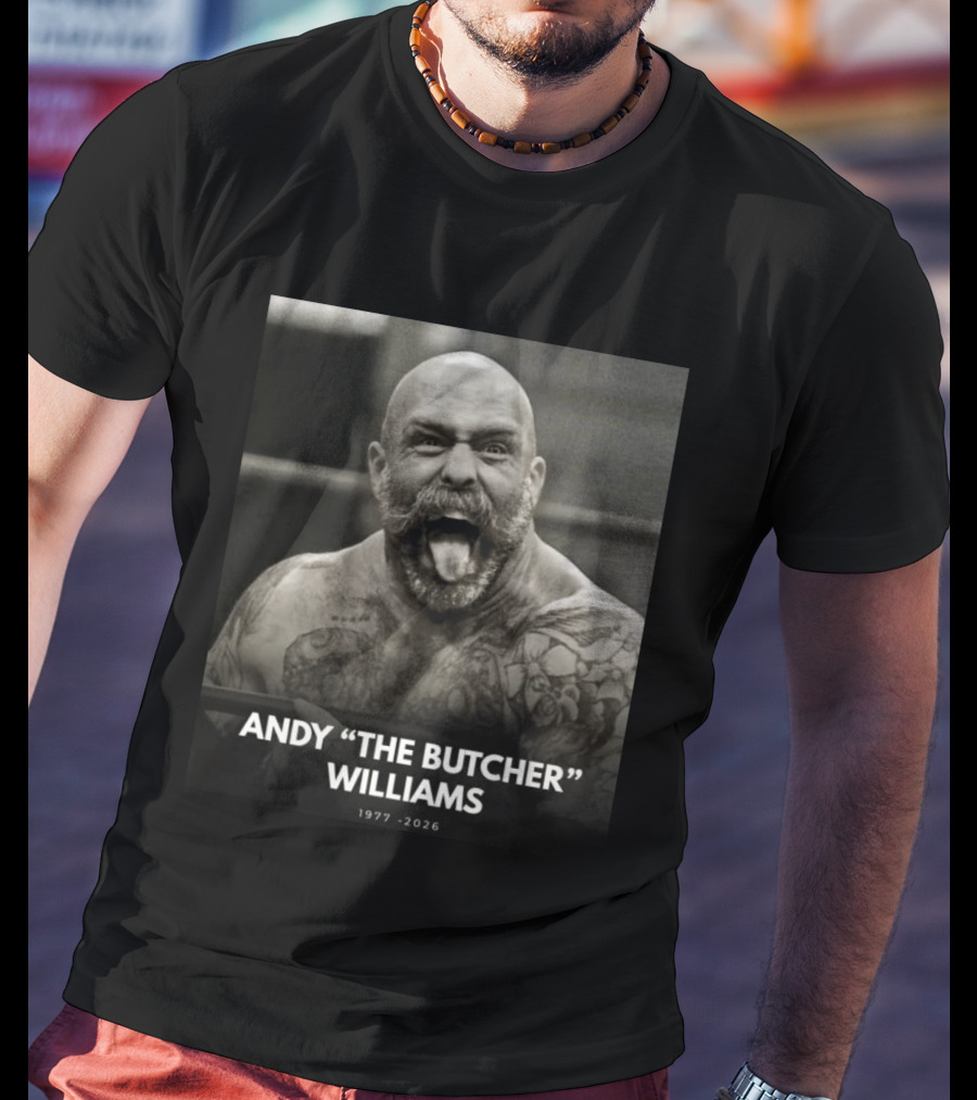 Andy The Butcher Williams 1977 2026 Tattooed Beard Black And White Image T-Shirt