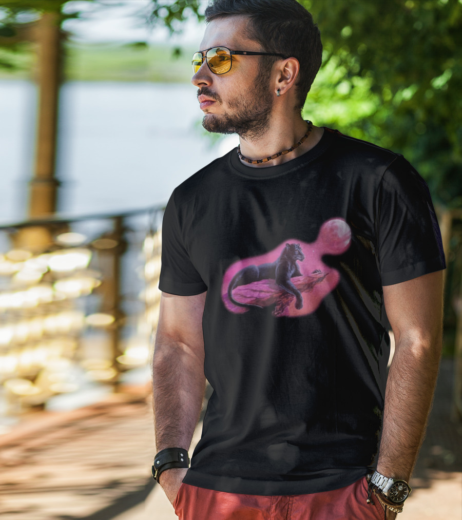 Black Panther On Rock With Pink Moonlit Night Sky T-Shirt