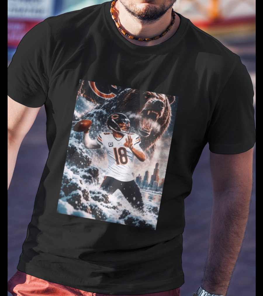 Caleb Williams Chicago Bears Snowy Football Bear Quarterback Number 18 City Skyline T-Shirt