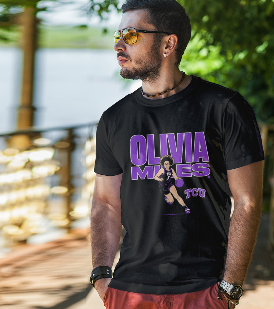 TCU Basketball Olivia Miles Name Pose Purple And White Basketball Player T-Shirt