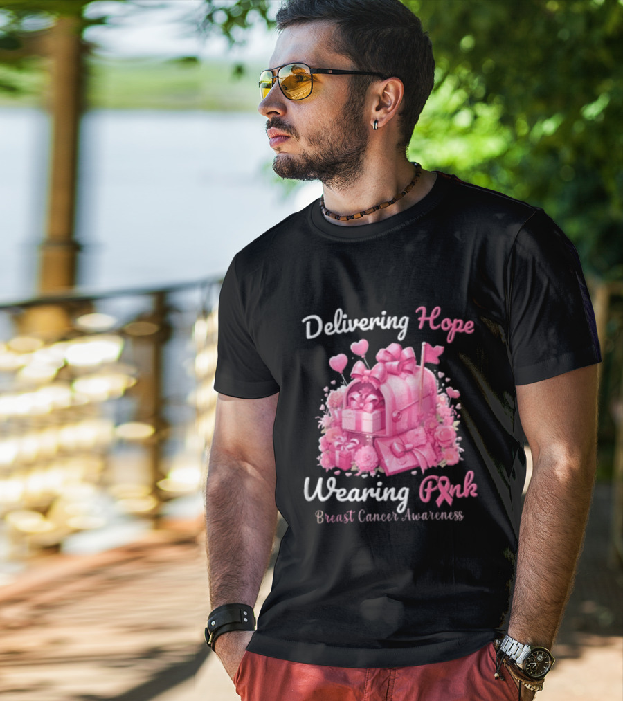 Delivering Hope Wearing Pink Breast Cancer Awareness Mailbox Wrapped Presents Heart Balloons Flowers T-Shirt