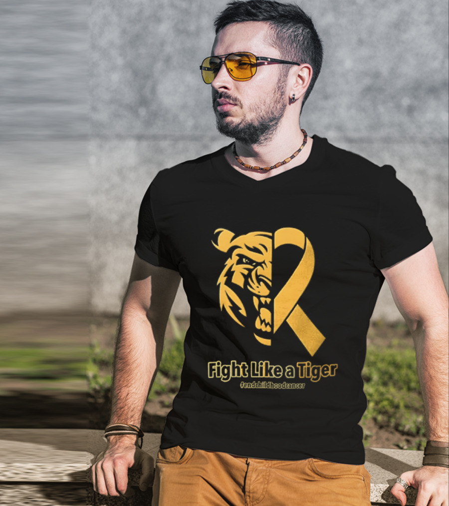 Fight Like A Tiger Childhood Cancer Awareness Gold Ribbon T-Shirt