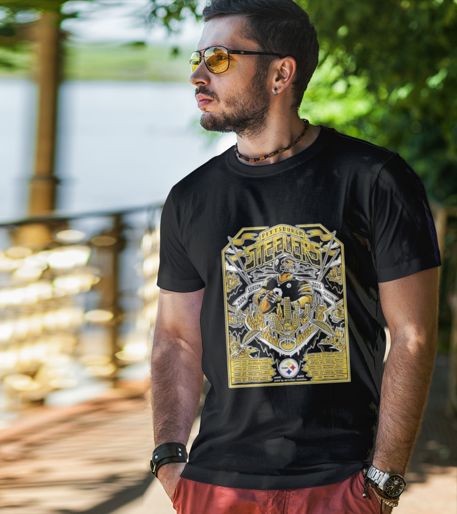 Pittsburgh Steelers 2026 Season Schedule Featuring Iconic Cityscape And Player T-Shirt