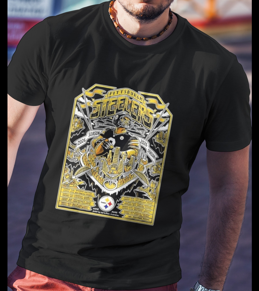 Pittsburgh Steelers 2026 Season Schedule Featuring Iconic Cityscape And Player T-Shirt