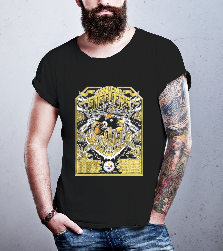 Pittsburgh Steelers 2026 Season Schedule Featuring Iconic Cityscape And Player T-Shirt
