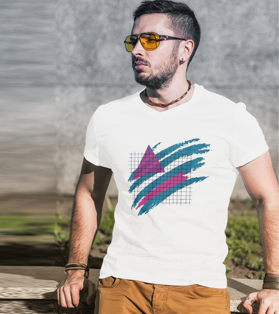 90s Neon Geometric Triangle Grid Retro Aesthetic T-Shirt