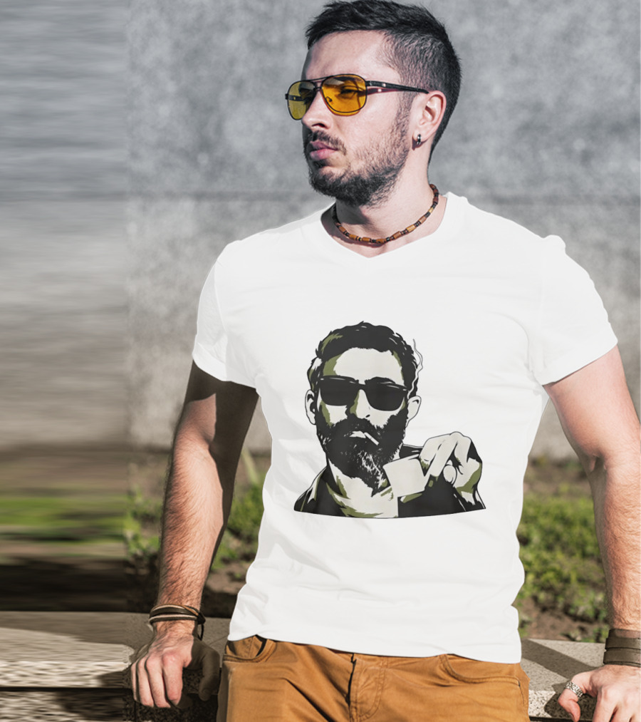 Bearded Man With Sunglasses Smoking Cigarette Holding Blank Card T-Shirt