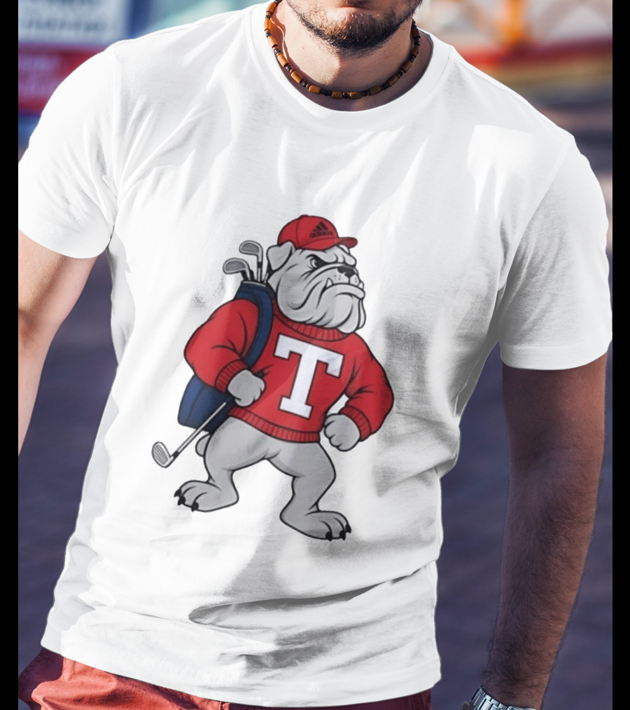 Bulldog Golf Mascot With Letter Sweater And Golf Bag T-Shirt