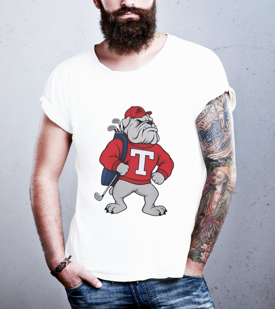 Bulldog Golf Mascot With Letter Sweater And Golf Bag T-Shirt