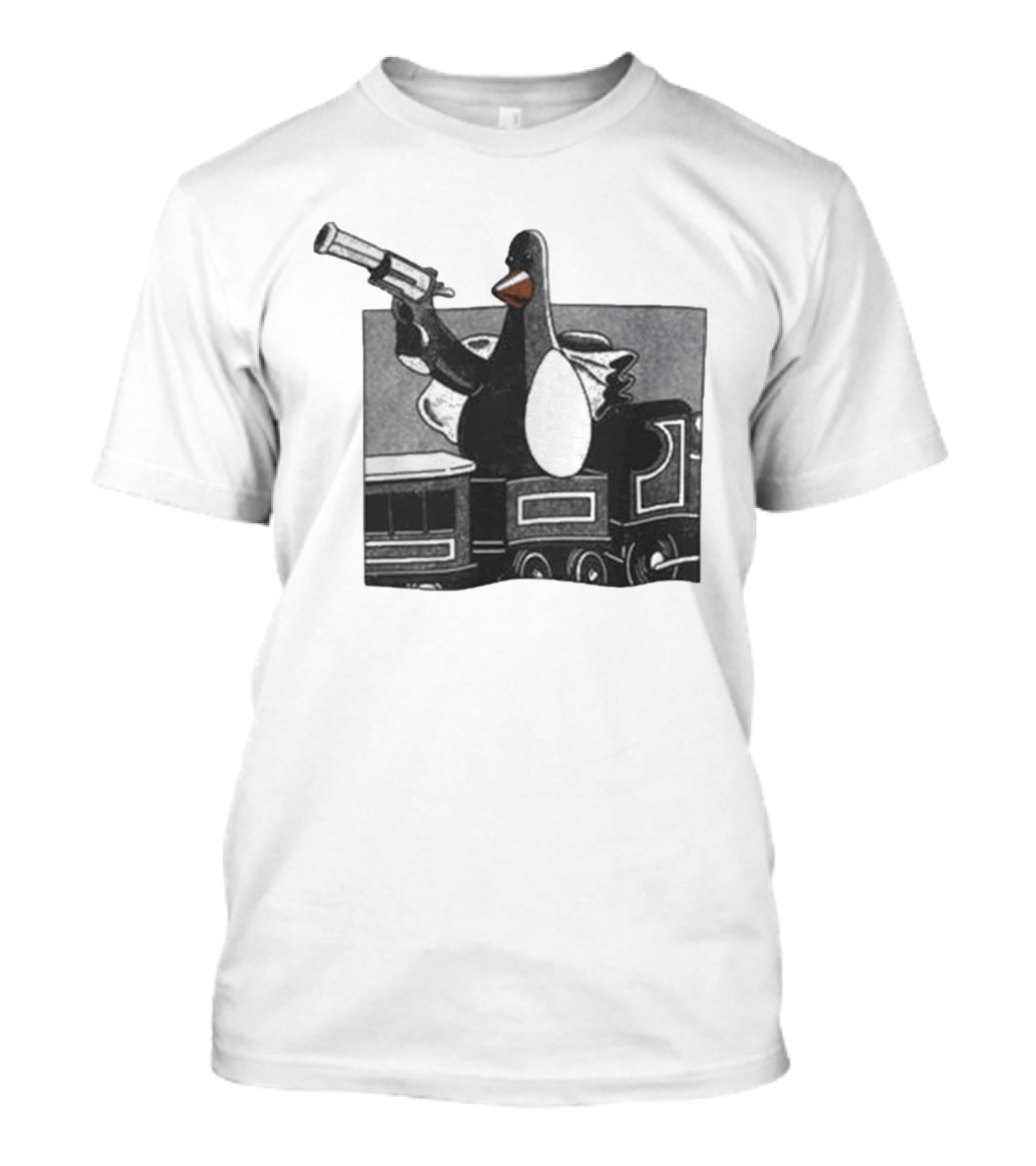 Evil Penguin With Gun On Train Vengeance Most Fowl McGraw T-Shirt