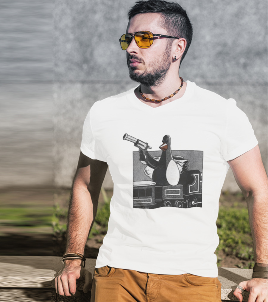 Evil Penguin With Gun On Train Vengeance Most Fowl McGraw T-Shirt