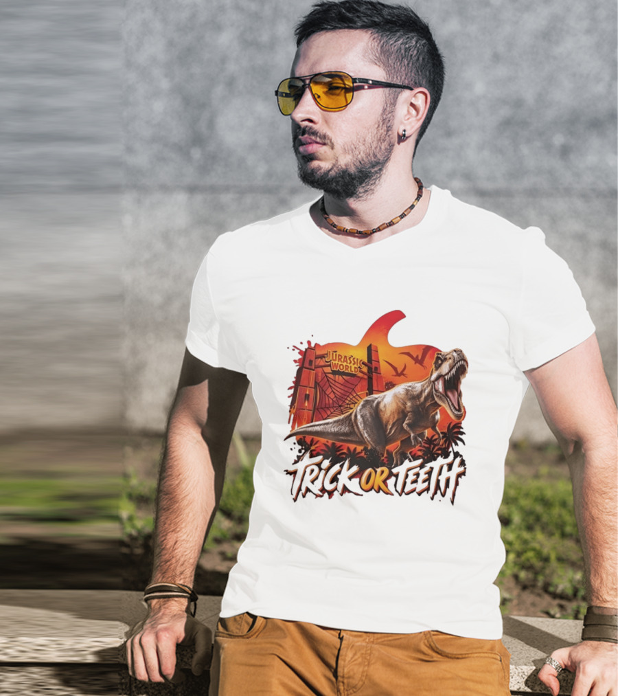 Jurassic World Trick Or Teeth Dinosaur Halloween Pumpkin Gate Rex T-Shirt