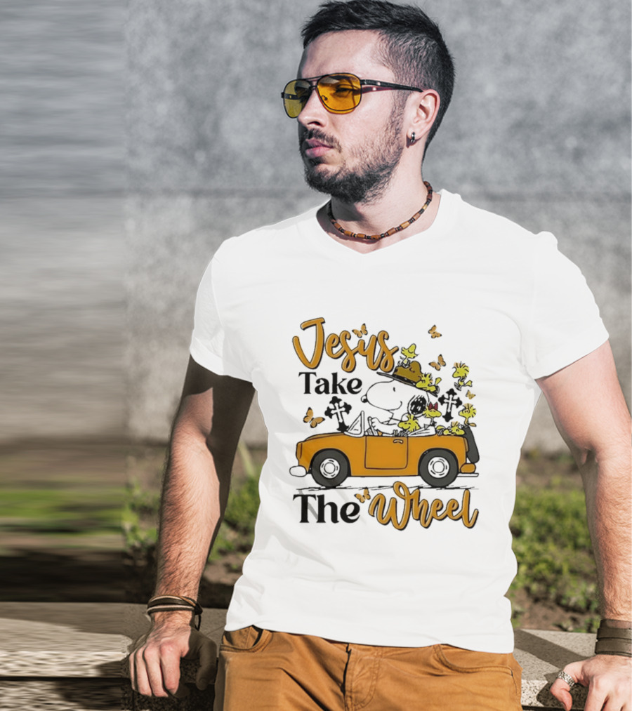 Snoopy Jesus Take The Wheel Butterflies Woodstock Driving Scene T-Shirt