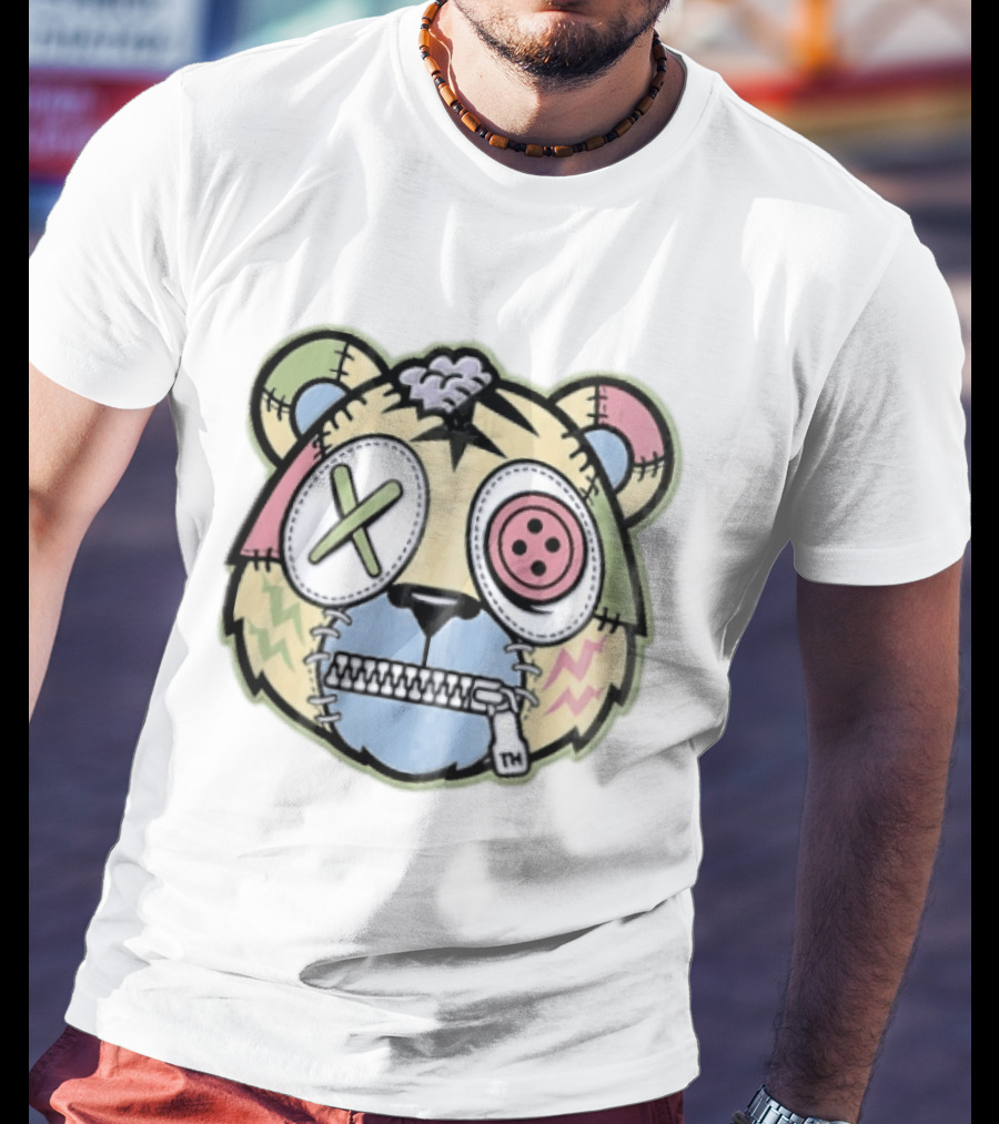 Tm Cartoon Patchwork Zombie Bear Button Eye Zipper Mouth T-Shirt