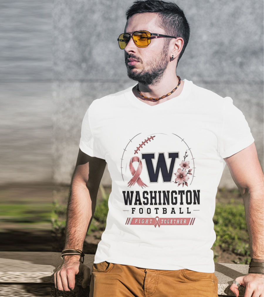 Washington Football Fight Together Breast Cancer Awareness Ribbon And Flowers T-Shirt