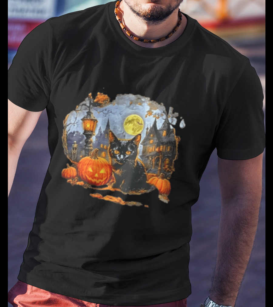 Black Cat Halloween Glowing Jack O' Lantern Haunted Mansion Full Moon Scene T-Shirt