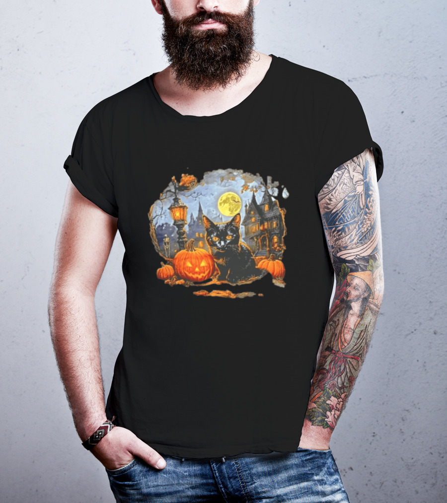 Black Cat Halloween Glowing Jack O' Lantern Haunted Mansion Full Moon Scene T-Shirt