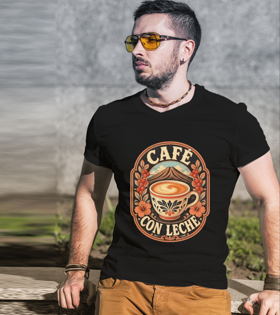 Café Con Leche Coffee Latte Floral Mountain Art Deco T-Shirt