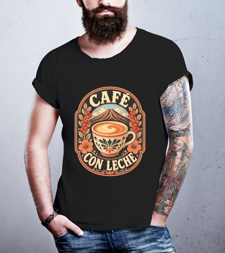 Café Con Leche Coffee Latte Floral Mountain Art Deco T-Shirt