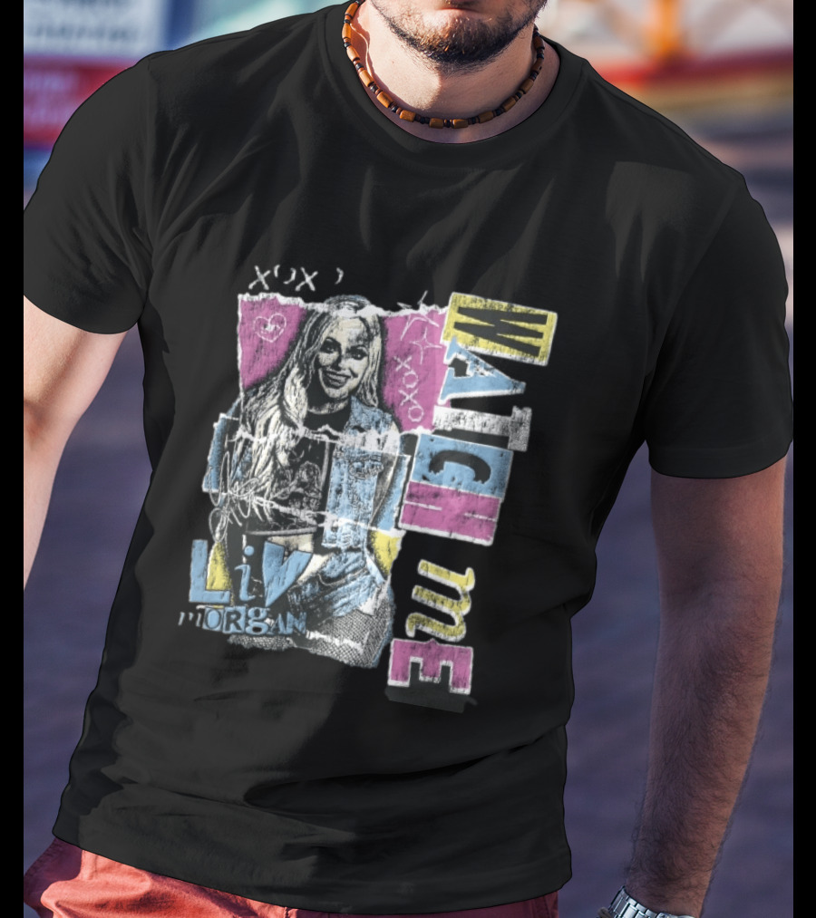 Me Xoxo Liv Morgan Denim Vest Distressed Halftone Torn Paper Collage T-Shirt