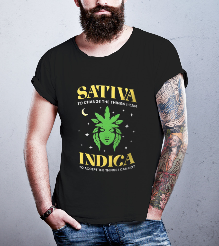 Sativa To Change The Things I Can Indica To Accept The Things I Can Not Moon Stars Cannabis Leaf T-Shirt