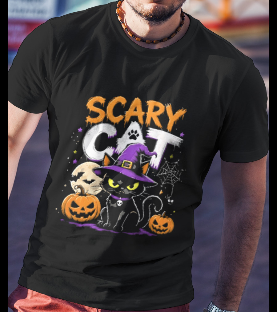 Scary Cat Black Kitten Witch Hat Full Moon Jack O Lanterns Halloween Cartoon T-Shirt