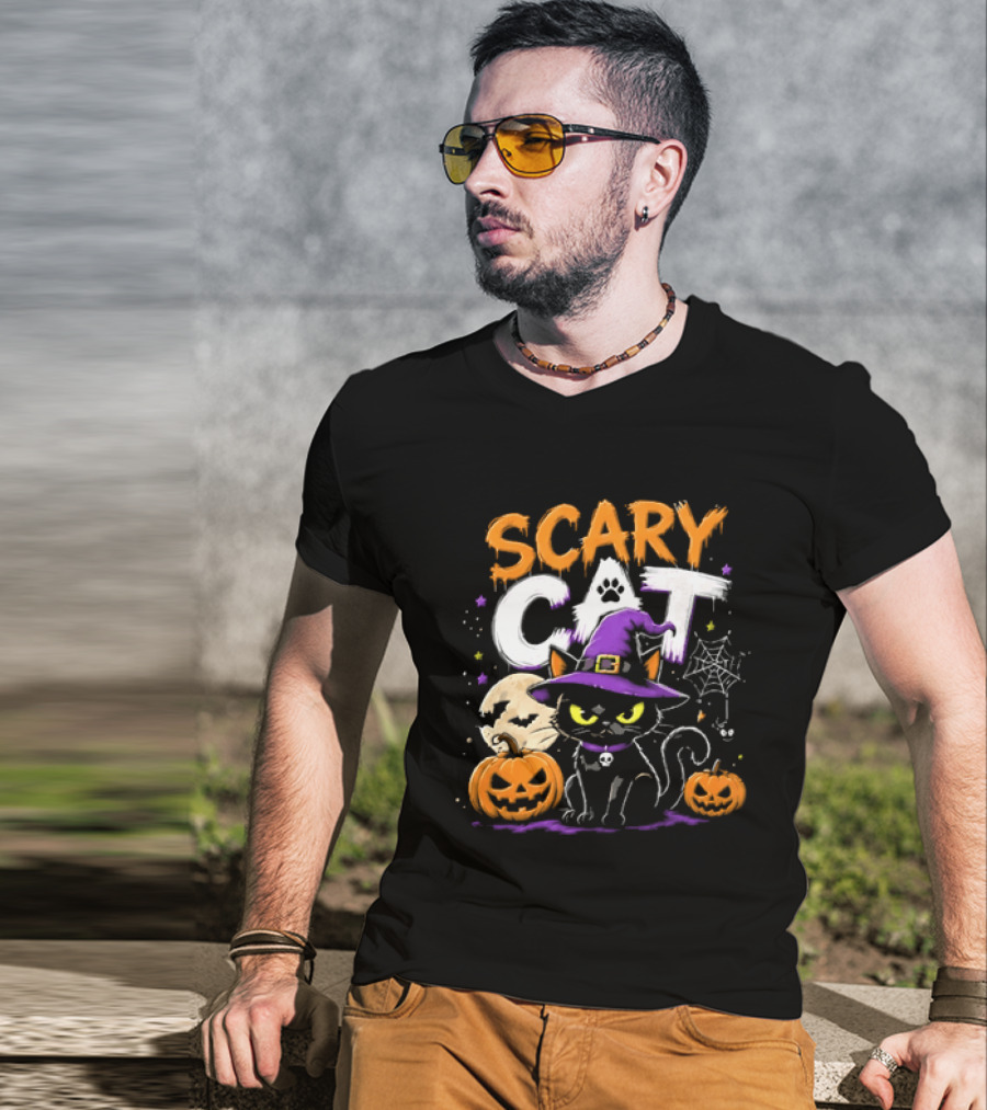 Scary Cat Black Kitten Witch Hat Full Moon Jack O Lanterns Halloween Cartoon T-Shirt