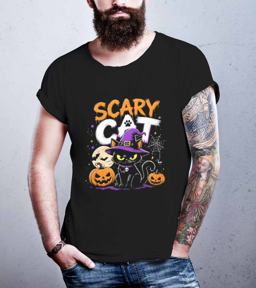 Scary Cat Black Kitten Witch Hat Full Moon Jack O Lanterns Halloween Cartoon T-Shirt