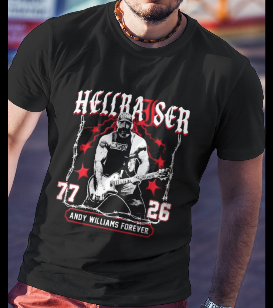 Hellraiser 77 26 Andy Williams Forever Halftone Bearded Guitarist Barbed Wire T-Shirt