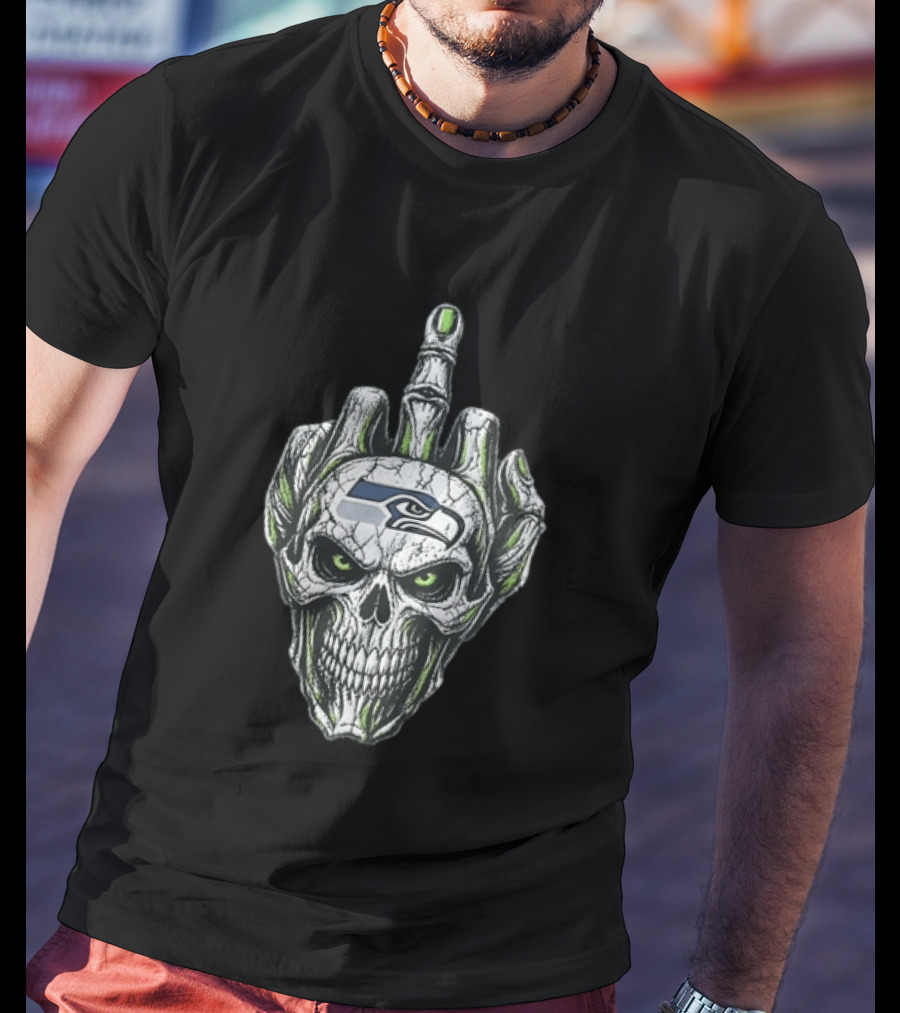 Seattle Seahawks Skull Skeleton Middle Finger Gesture Fan T-Shirt