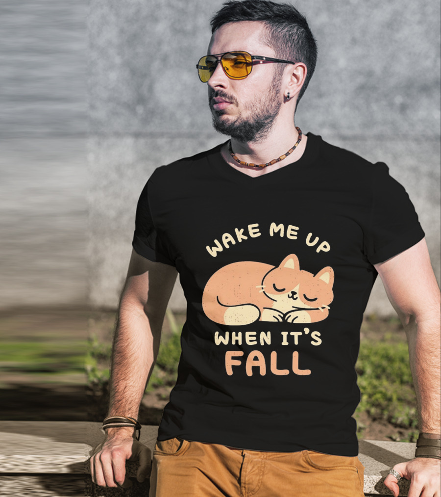 Wake Me Up When It's Fall Sleeping Cat Autumn T-Shirt