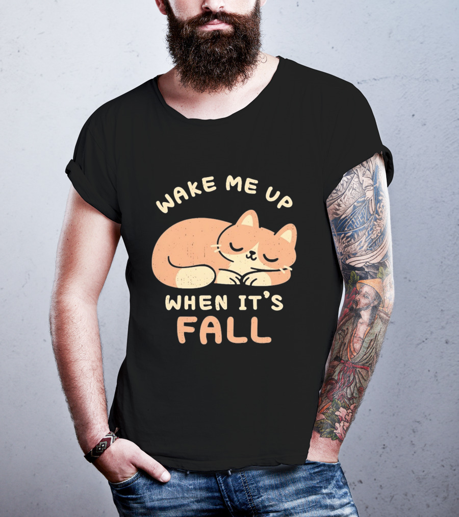 Wake Me Up When It's Fall Sleeping Cat Autumn T-Shirt
