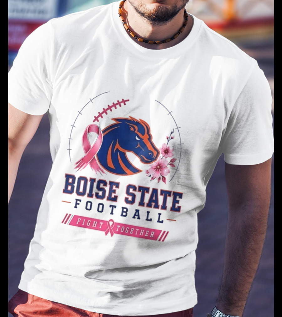 Boise State Broncos Football Fight Together Breast Cancer Awareness Pink Ribbon Flowers T-Shirt