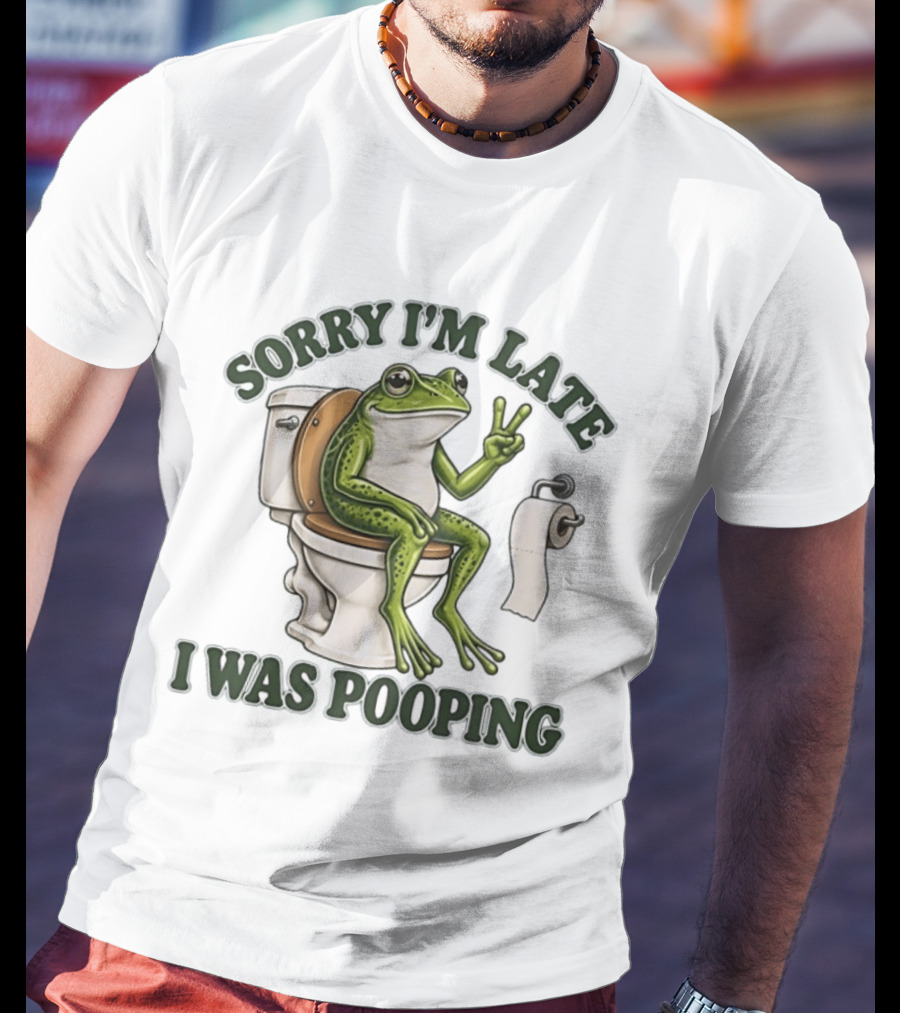 Sorry I'm Late I Was Pooping Frog On Toilet Peace Gesture T-Shirt