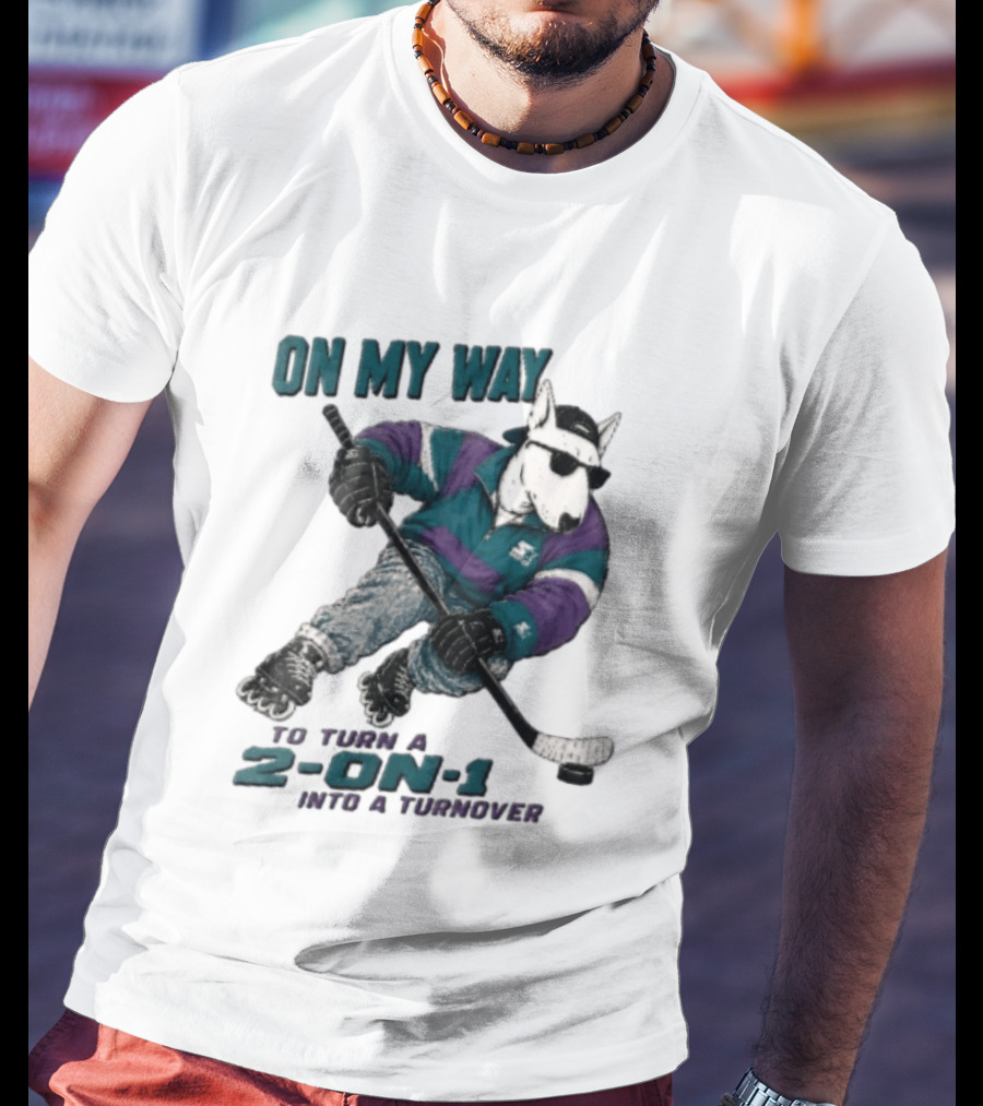 On My Way To Turn A 2 On 1 Into A Turnover Cartoon Bull Terrier Rollerblading Hockey Puck T-Shirt