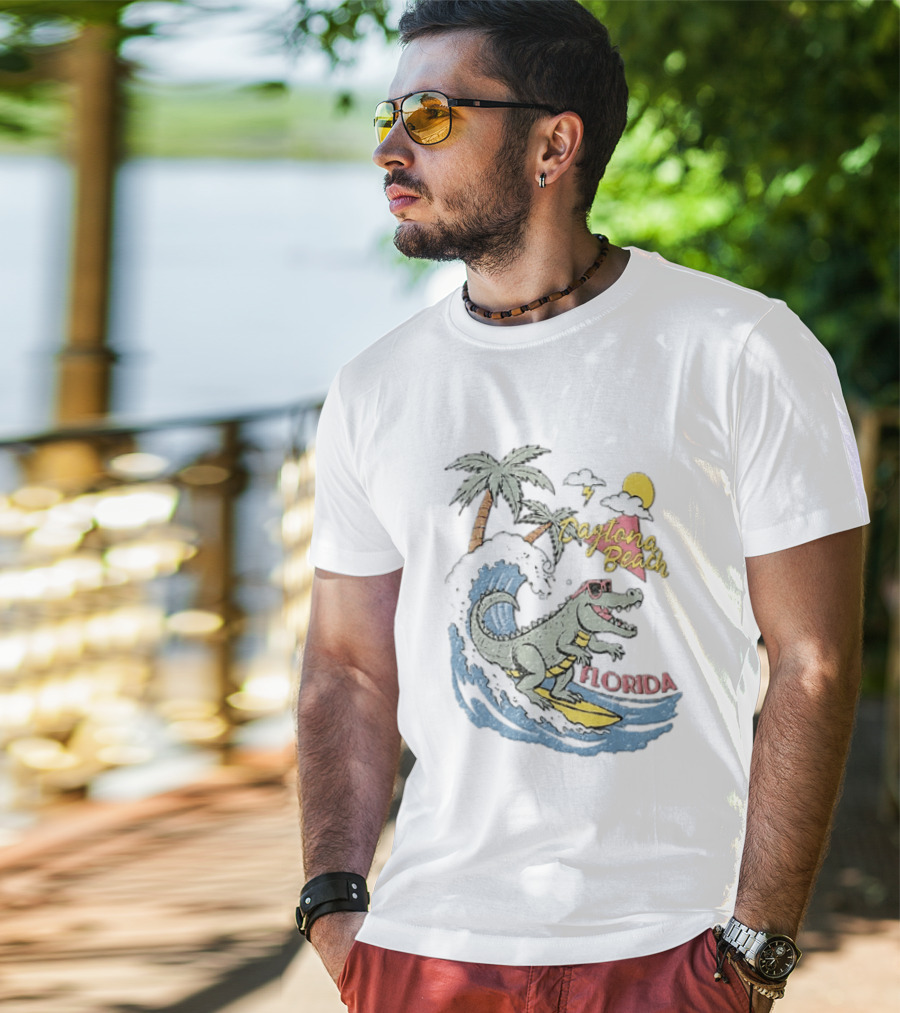 Daytona Beach Florida Surfing Alligator With Palm Trees And Sunglasses T-Shirt