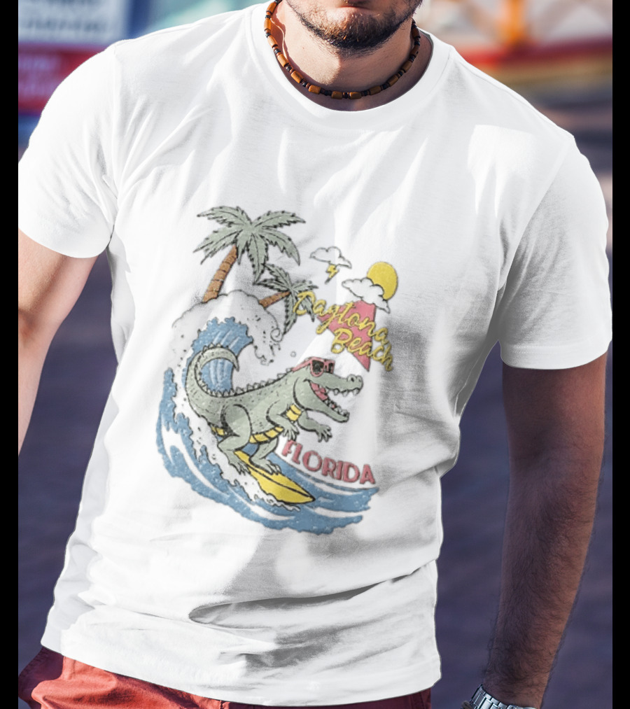 Daytona Beach Florida Surfing Alligator With Palm Trees And Sunglasses T-Shirt