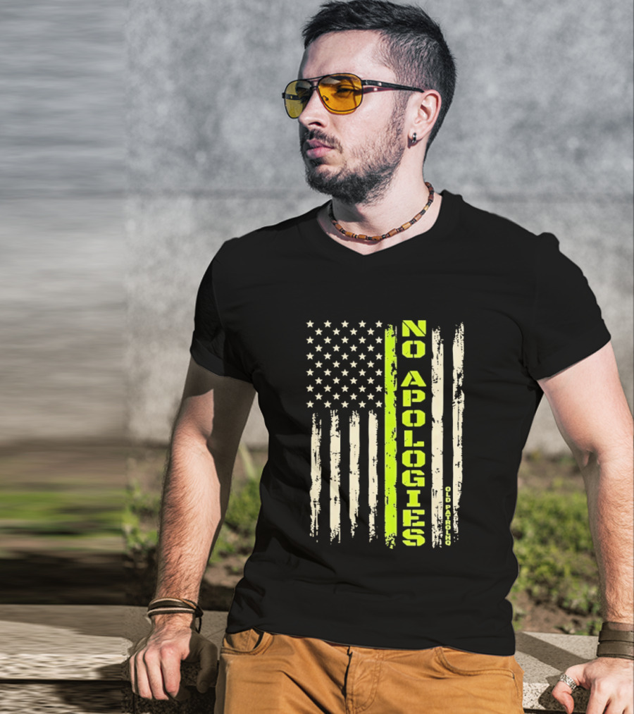 No Apologies Old PatrolHQ Distressed American Flag Vertical Stripes Stars T-Shirt